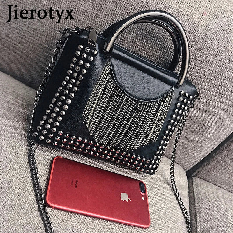 Vintage Tassel Handbag Women Crossbody Gothic Purses Studded Shoulder Bag