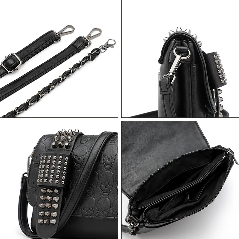 JIETOTYX Women Leather Messenger Bags Single Skull Rivet Shoulder Bags
