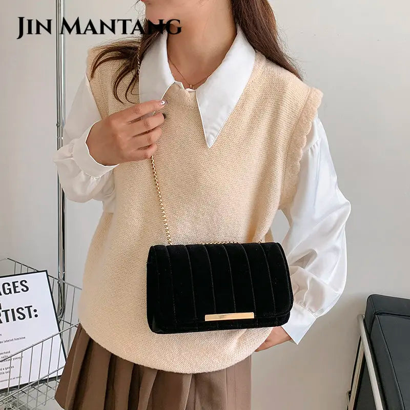 Golden Velvet Small Handbag Vintage Crossbody Tote Bag