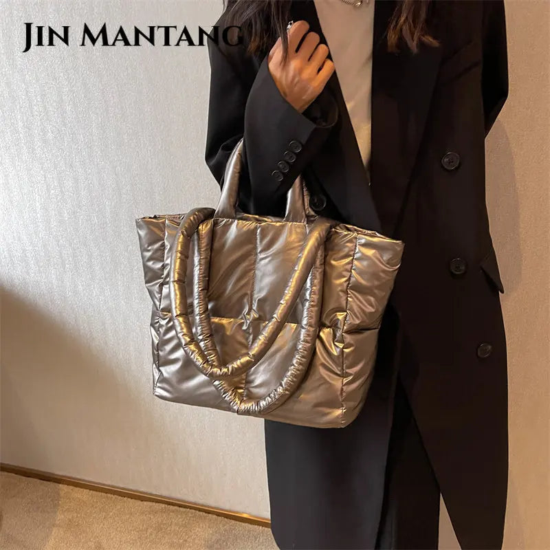 Quilted Shopper Bag Women Handbag Shoulder Space Padded Cotton