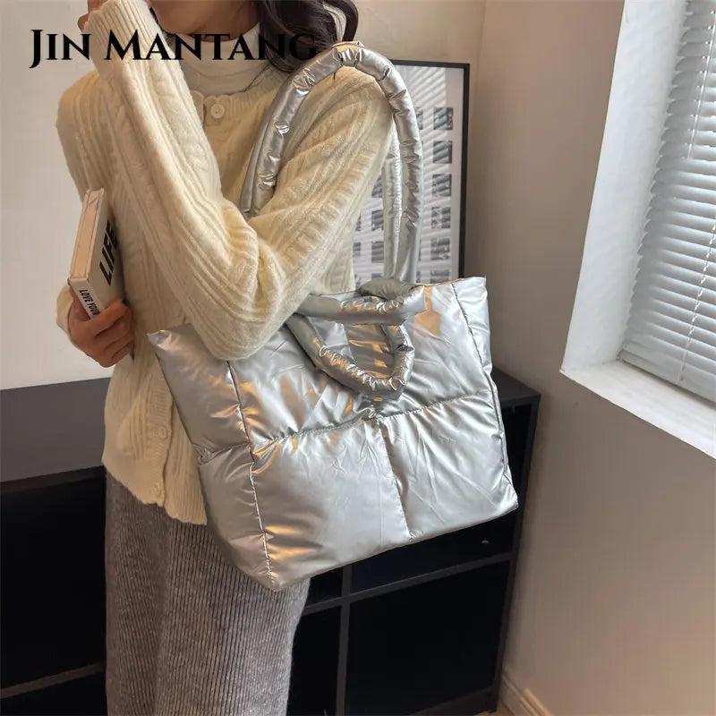 Quilted Shopper Bag Women Handbag Shoulder Space Padded Cotton