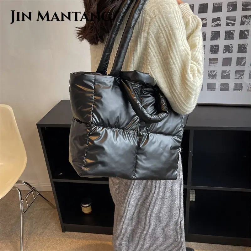 Quilted Shopper Bag Women Handbag Shoulder Space Padded Cotton