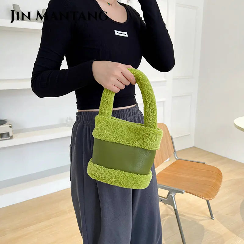 Small Faux Fur Top Handle Bucket Tote Bag for Women Winter