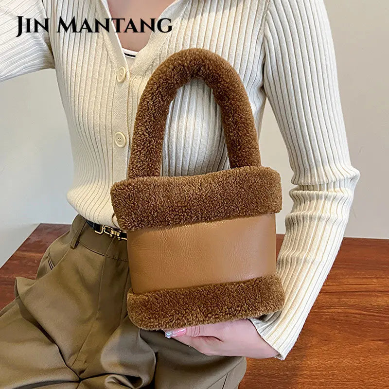 Small Faux Fur Top Handle Bucket Tote Bag for Women Winter