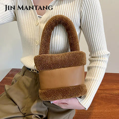 Small Faux Fur Top Handle Bucket Tote Bag for Women Winter