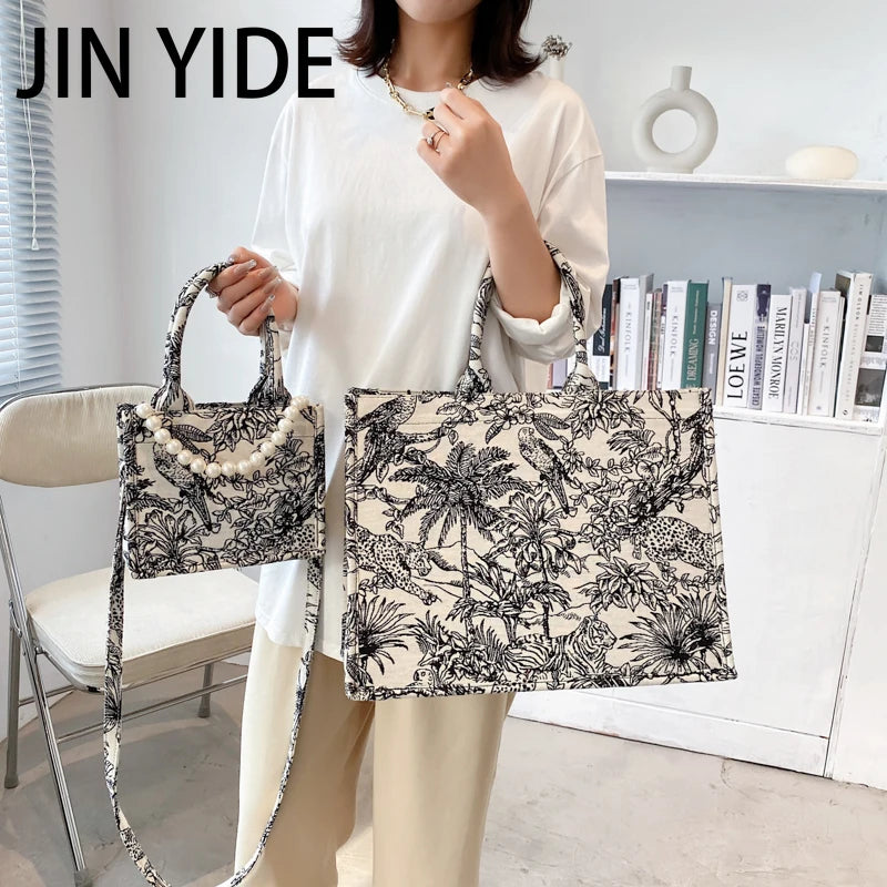 Women Canvas Shoulder Bag Embroidery Tote Crossbody Handbag