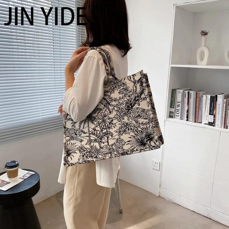 Women Canvas Shoulder Bag Embroidery Tote Crossbody Handbag