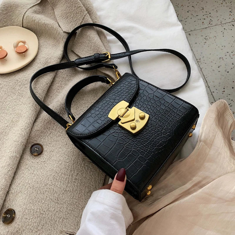 Mini Stone Pattern PU Leather Crossbody Bag Lock Shoulder Messenger B