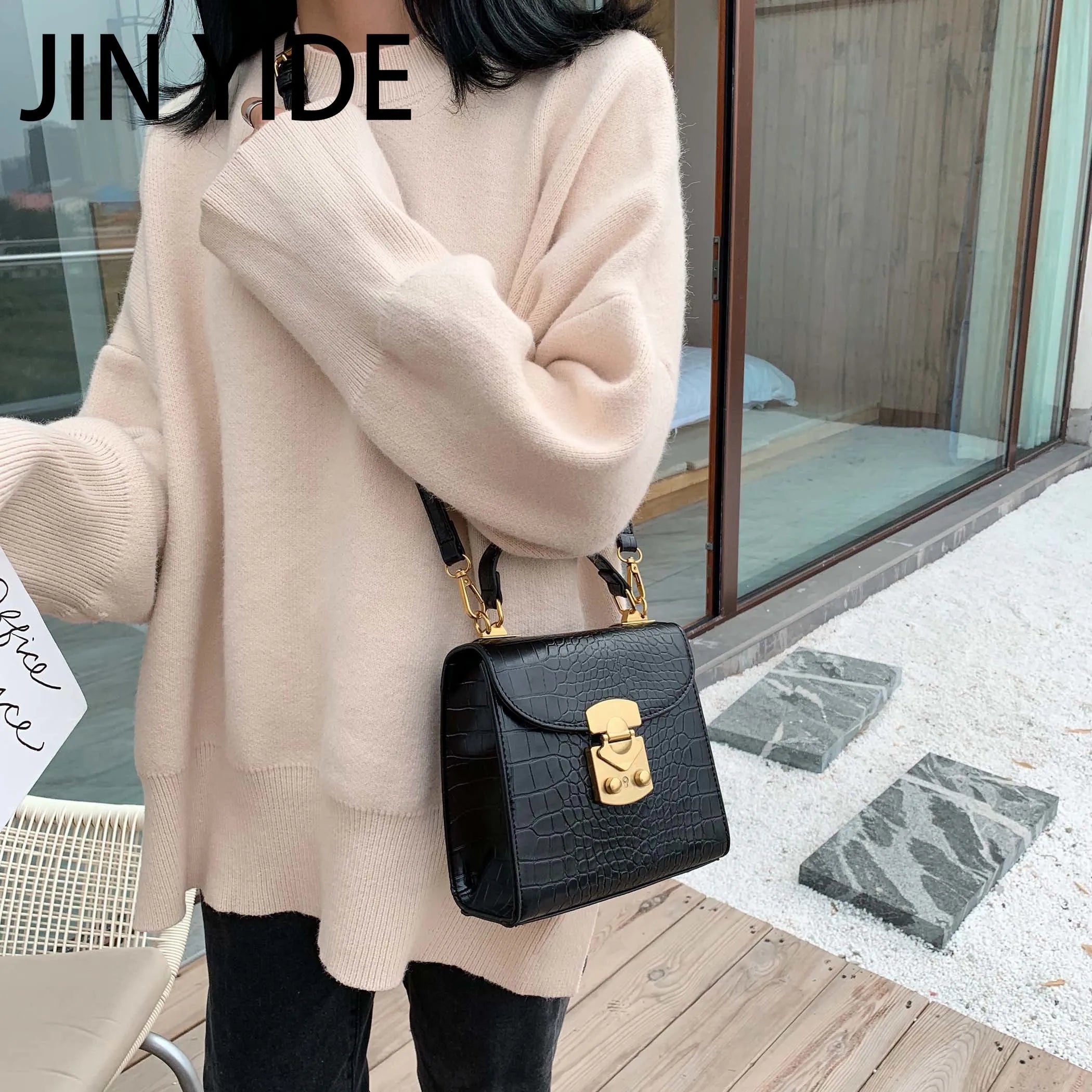 Mini Stone Pattern PU Leather Crossbody Bag Lock Shoulder Messenger B