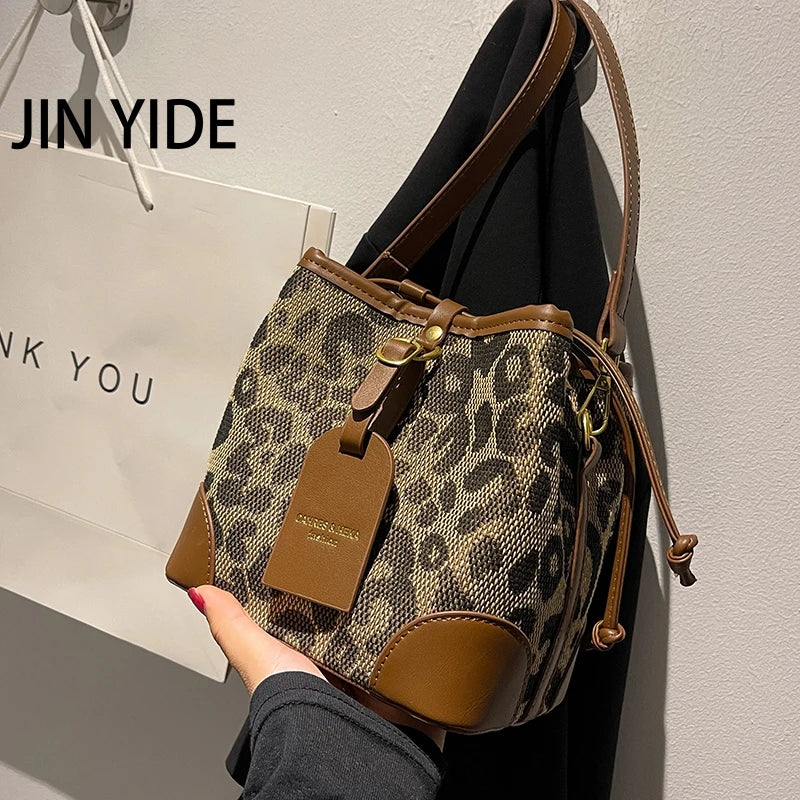 Leopard PU Leather Bucket Bag Crossbody Handbag Women Shoulder Purse