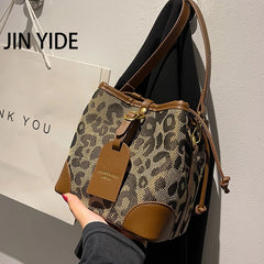 Leopard PU Leather Bucket Bag Crossbody Handbag Women Shoulder Purse