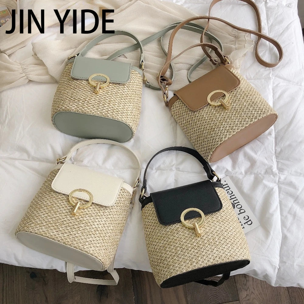 Straw Bucket Bag Women Crossbody Bag Lady Travel Purse Shoulder Bag