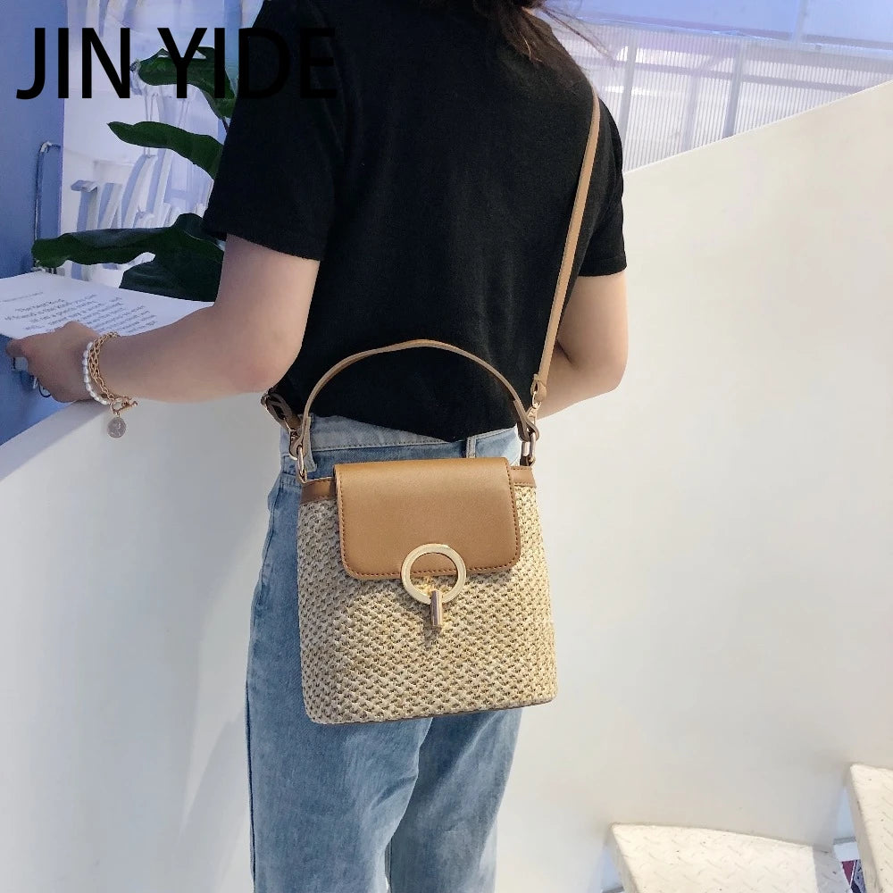 Straw Bucket Bag Women Crossbody Bag Lady Travel Purse Shoulder Bag