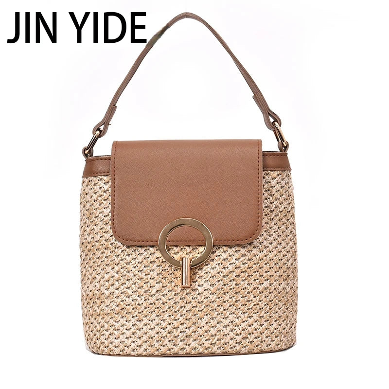 Straw Bucket Bag Women Crossbody Bag Lady Travel Purse Shoulder Bag