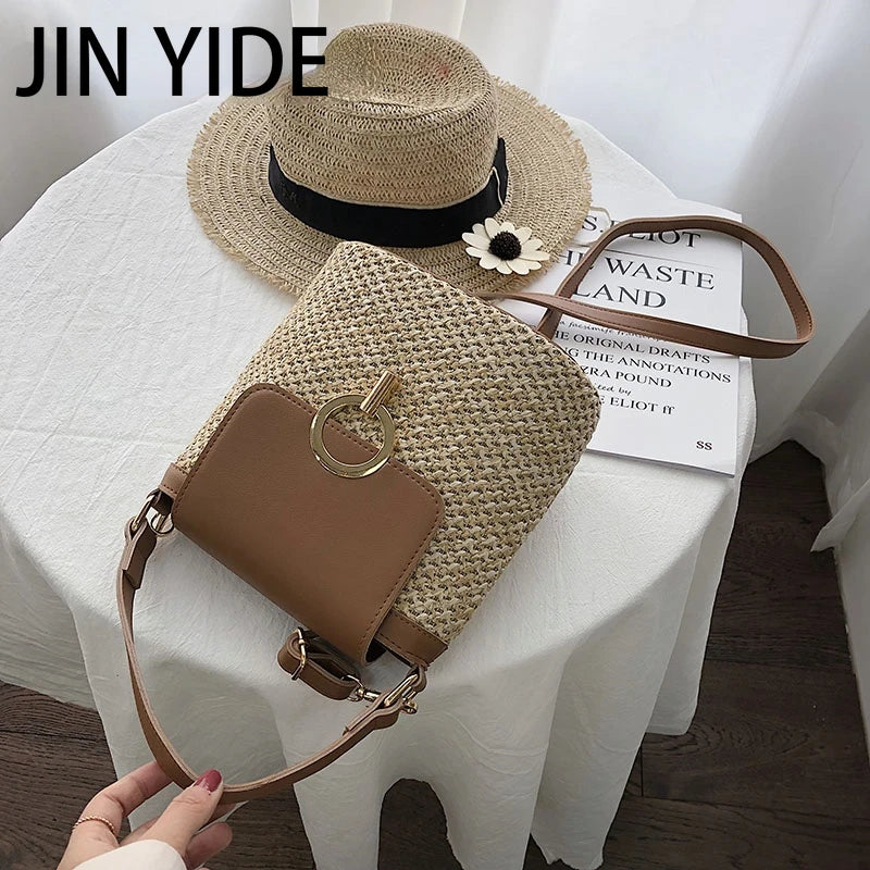Straw Bucket Bag Women Crossbody Bag Lady Travel Purse Shoulder Bag