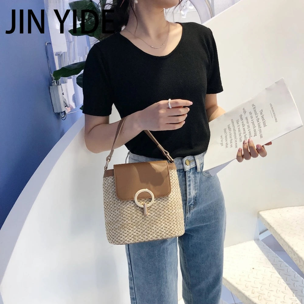 Straw Bucket Bag Women Crossbody Bag Lady Travel Purse Shoulder Bag