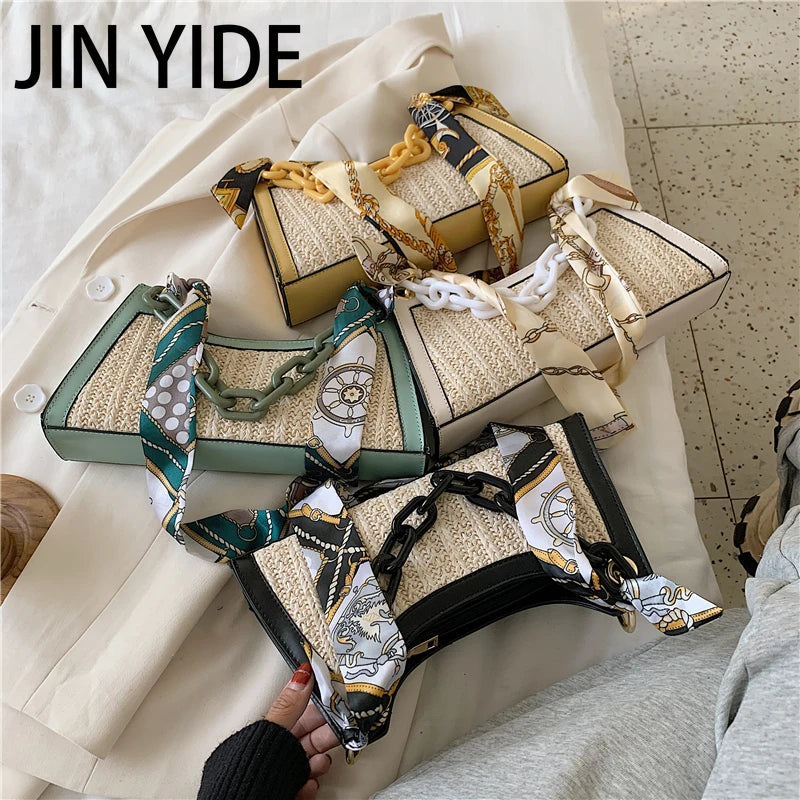 Summer Straw Bags Scarf Crossbody Shoulder Bag Female Handbags