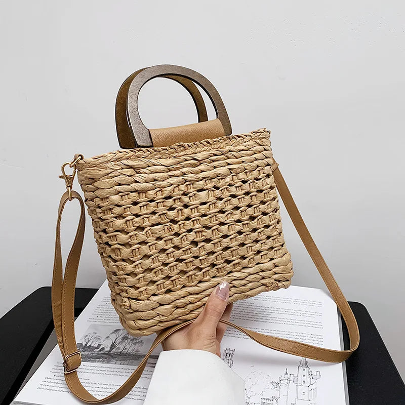 Straw Bags Tote Bag Drawstring Closure Wooden Handle Beach Shoulder Bag