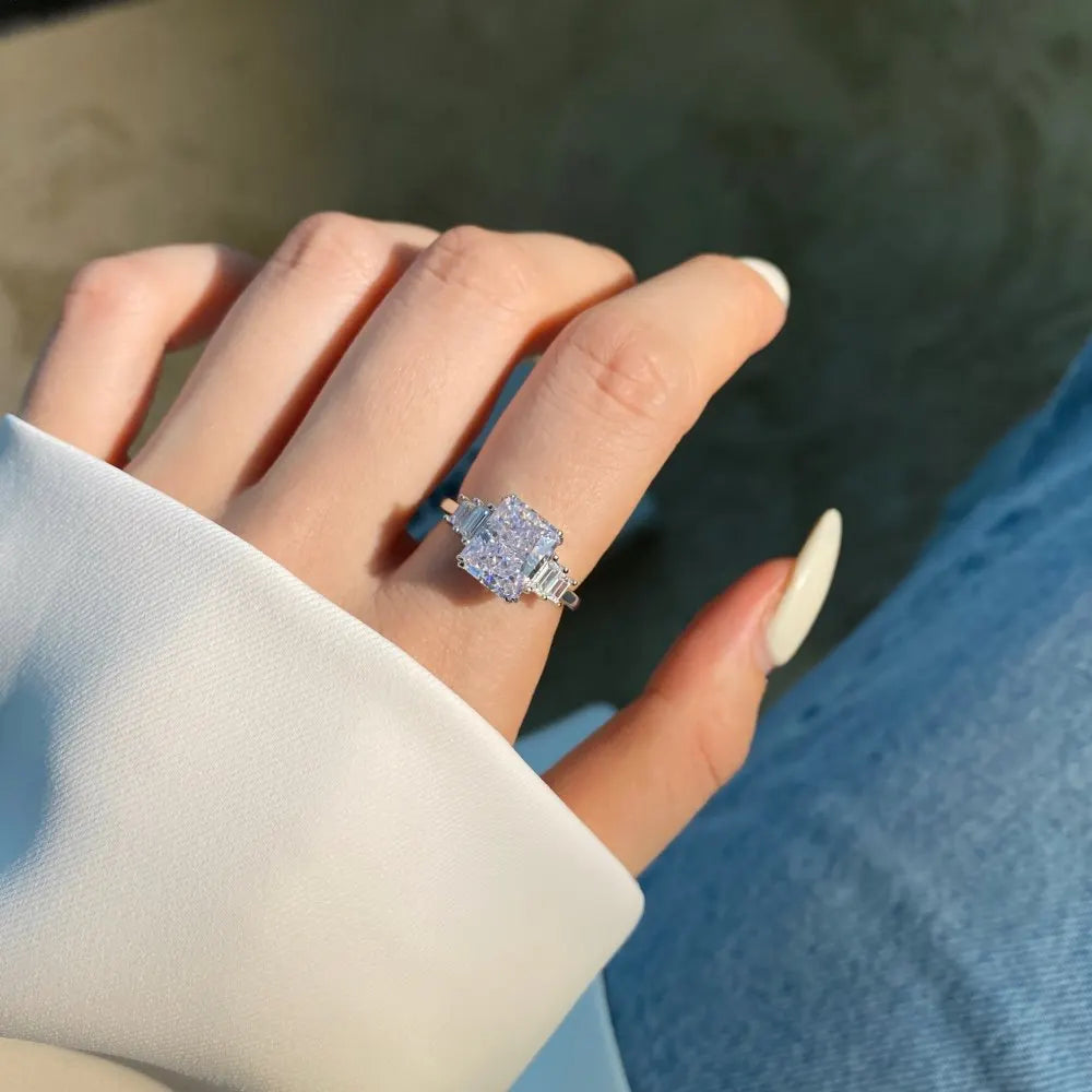 925 Silver Lab Sapphire Diamond Baguette Wedding Engagement Ring