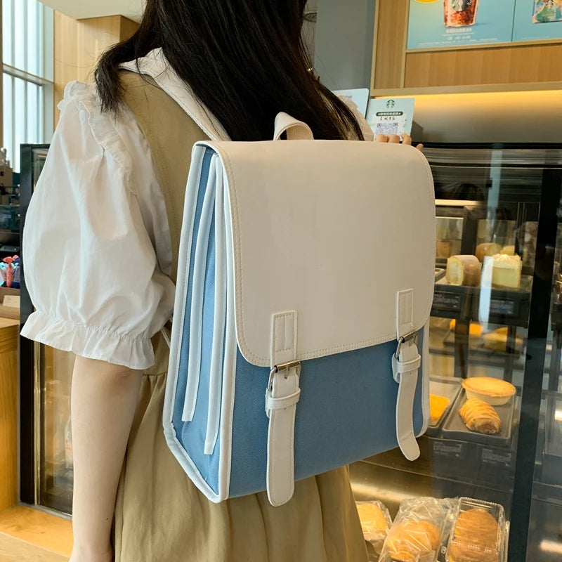 Vintage PU Leather Backpack Women Canvas School Bag For Girls College Schoolbag