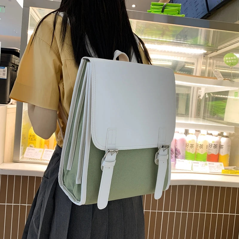 Vintage PU Leather Backpack Women Canvas School Bag For Girls College Schoolbag