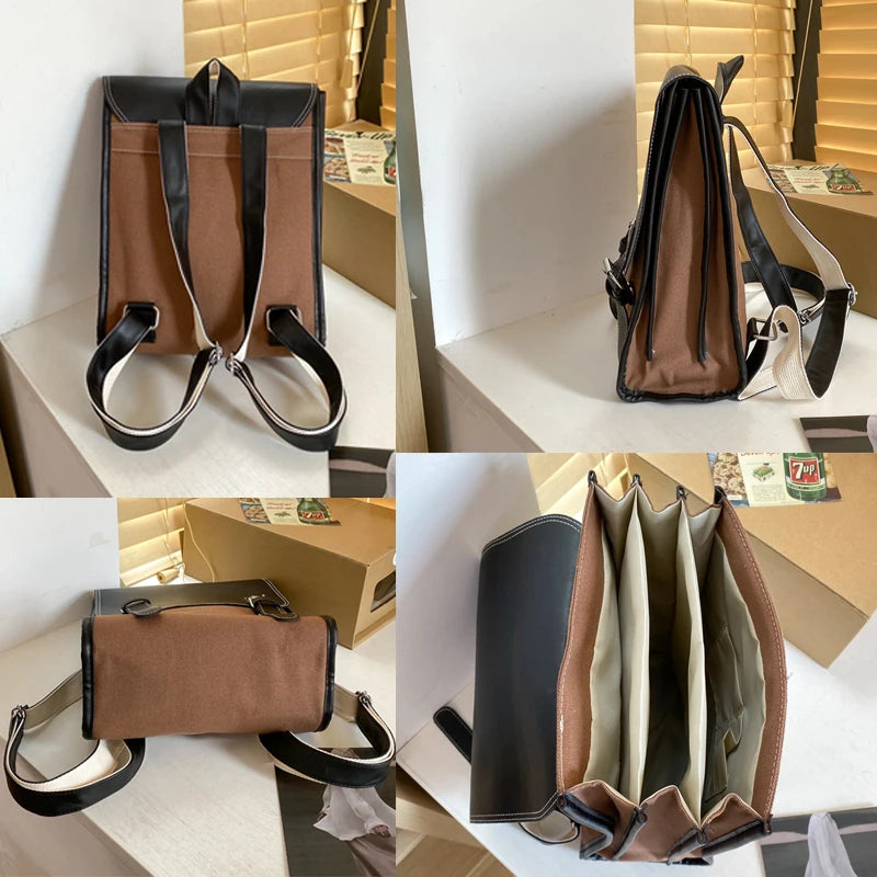 Vintage PU Leather Backpack Women Canvas School Bag For Girls College Schoolbag