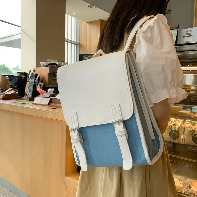 Vintage PU Leather Backpack Women Canvas School Bag For Girls College Schoolbag