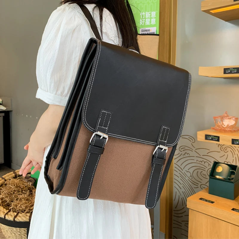 Vintage PU Leather Backpack Women Canvas School Bag For Girls College Schoolbag