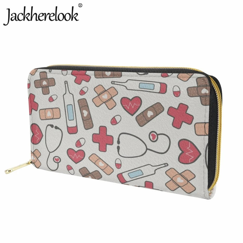 Jackherelook Nurse Wallet Medical Doodle Pattern Purse for Women Long Money Bag