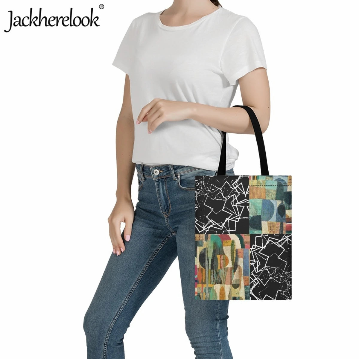 Geometry Pattern Shoulder Bag for Women Large Capacity Canvas Shopping Bag
