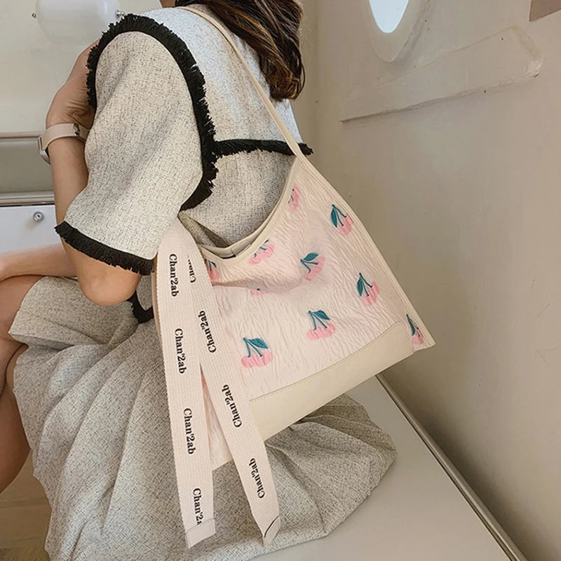 Casual Jacquard Tote Bag with Tulip Flowers Embroidery