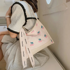 Casual Jacquard Tote Bag with Tulip Flowers Embroidery