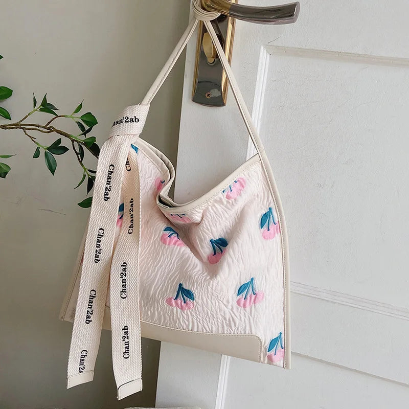 Casual Jacquard Tote Bag with Tulip Flowers Embroidery
