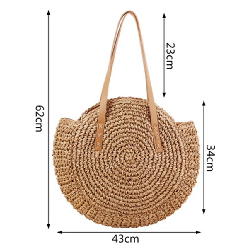 Japanese Korean Style Round Shoulder Straw Bag Women's Woven Beach Bag