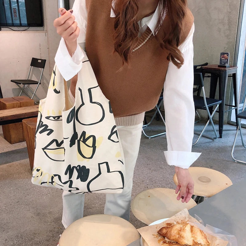 Japan Women Canvas Shoulder Bag Graffiti Print Shopping Handbags Tote Bag