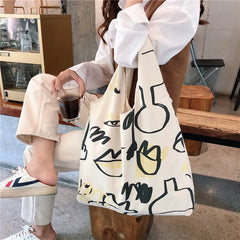 Japan Women Canvas Shoulder Bag Graffiti Print Shopping Handbags Tote Bag