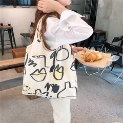 Japan Women Canvas Shoulder Bag Graffiti Print Shopping Handbags Tote Bag