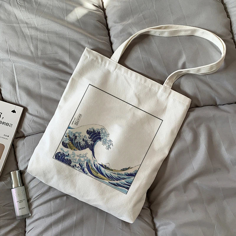 Japan Wave Fun Print Canvas Shoulder Bag Harajuku Cartoon Letter Zipper Bag
