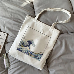 Japan Wave Fun Print Canvas Shoulder Bag Harajuku Cartoon Letter Zipper Bag
