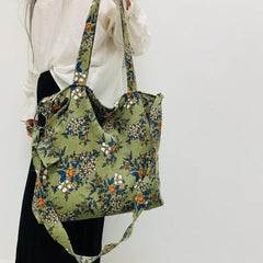 Japanese Corduroy Flower Printing Shoulder Bag Women Cross Body Bag