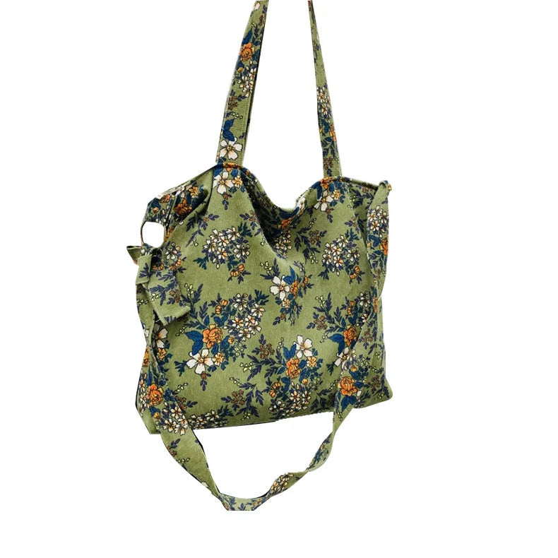 Japanese Corduroy Flower Printing Shoulder Bag Women Cross Body Bag