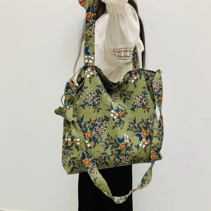 Japanese Corduroy Flower Printing Shoulder Bag Women Cross Body Bag