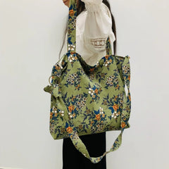 Japanese Corduroy Flower Printing Shoulder Bag Women Cross Body Bag