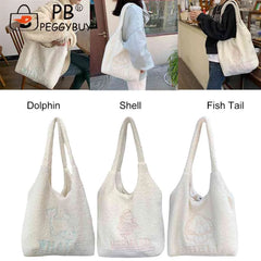 Japanese Embroidered Shoulder Clutch Soft Fleece Handbag
