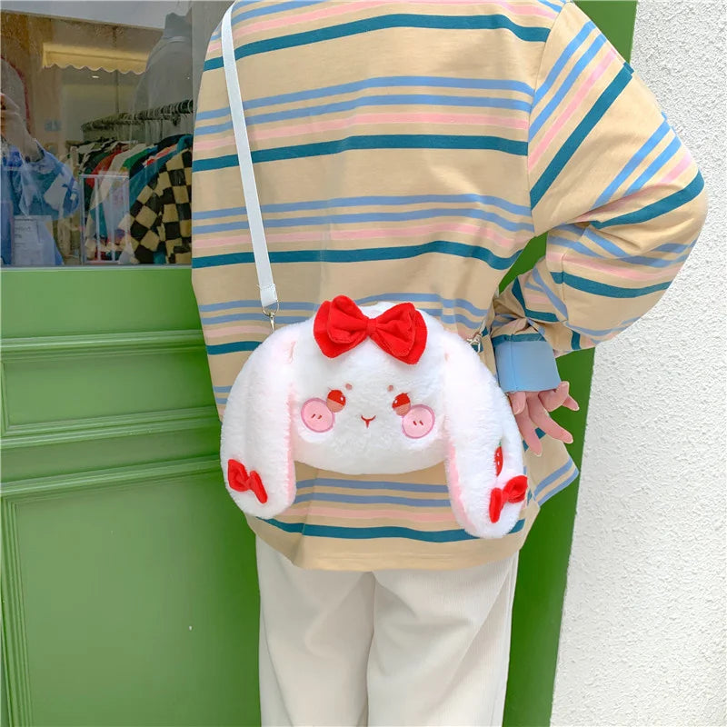 Japanese Strawberry Embroidered Rabbit Girl Out Shoulder Plush Crossbody Bag