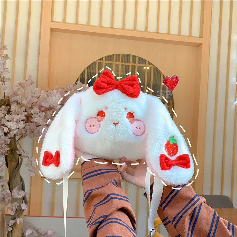 Japanese Strawberry Embroidered Rabbit Girl Out Shoulder Plush Crossbody Bag
