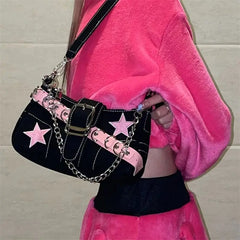 Japanese Dark Harajuku Denim Bag Pink Star Metal Chain Women's Tote Purse