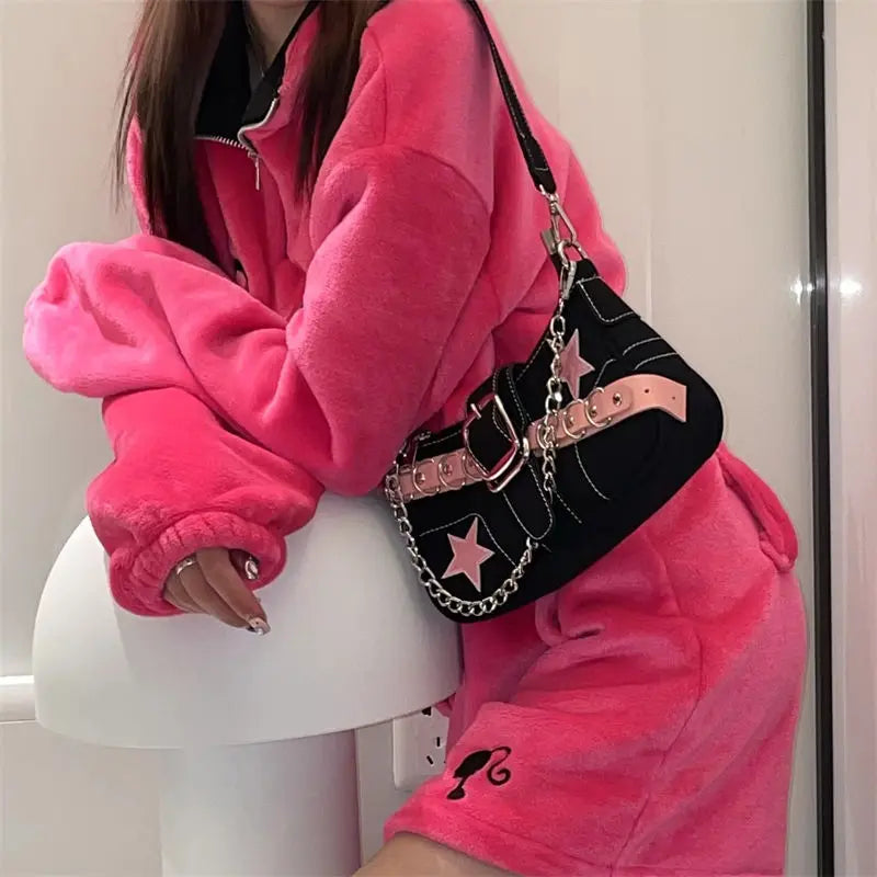 Japanese Dark Harajuku Denim Bag Pink Star Metal Chain Women's Tote Purse