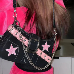 Japanese Dark Harajuku Denim Bag Pink Star Metal Chain Women's Tote Purse