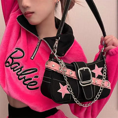 Japanese Dark Harajuku Denim Bag Pink Star Metal Chain Women's Tote Purse